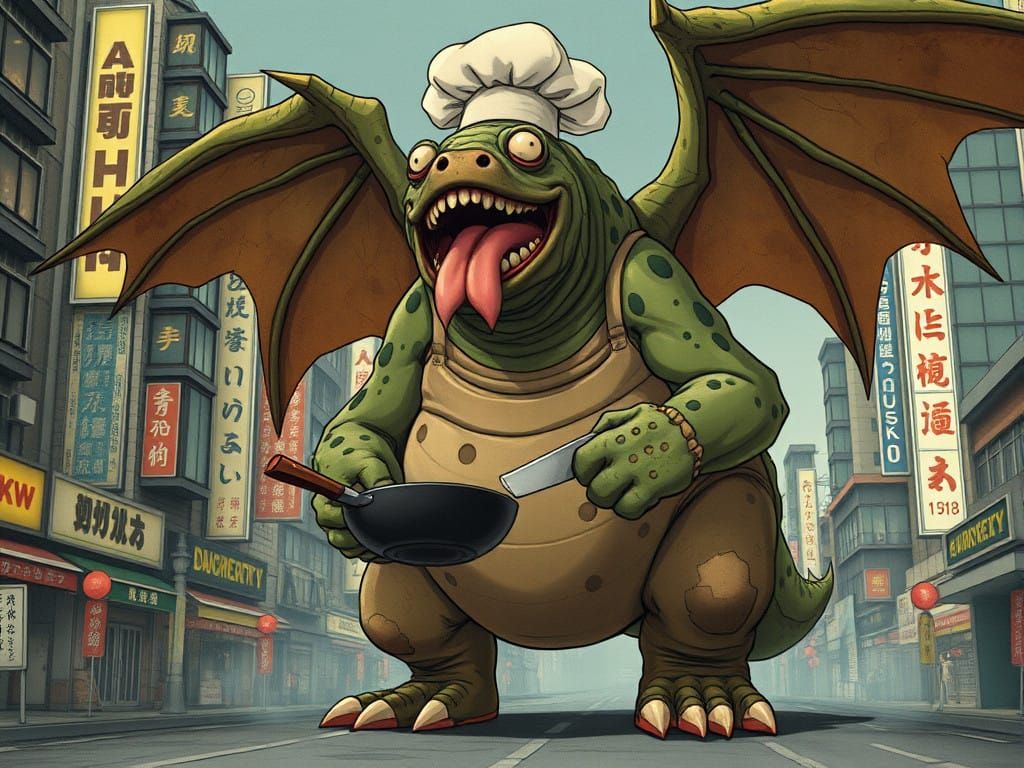Cyberpunk Kaiju Chef in 1960s Tokyo
