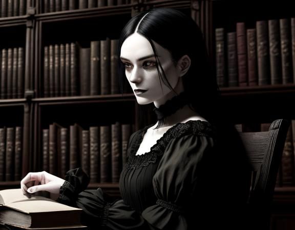 Gothic Woman in Library, Digital Art
