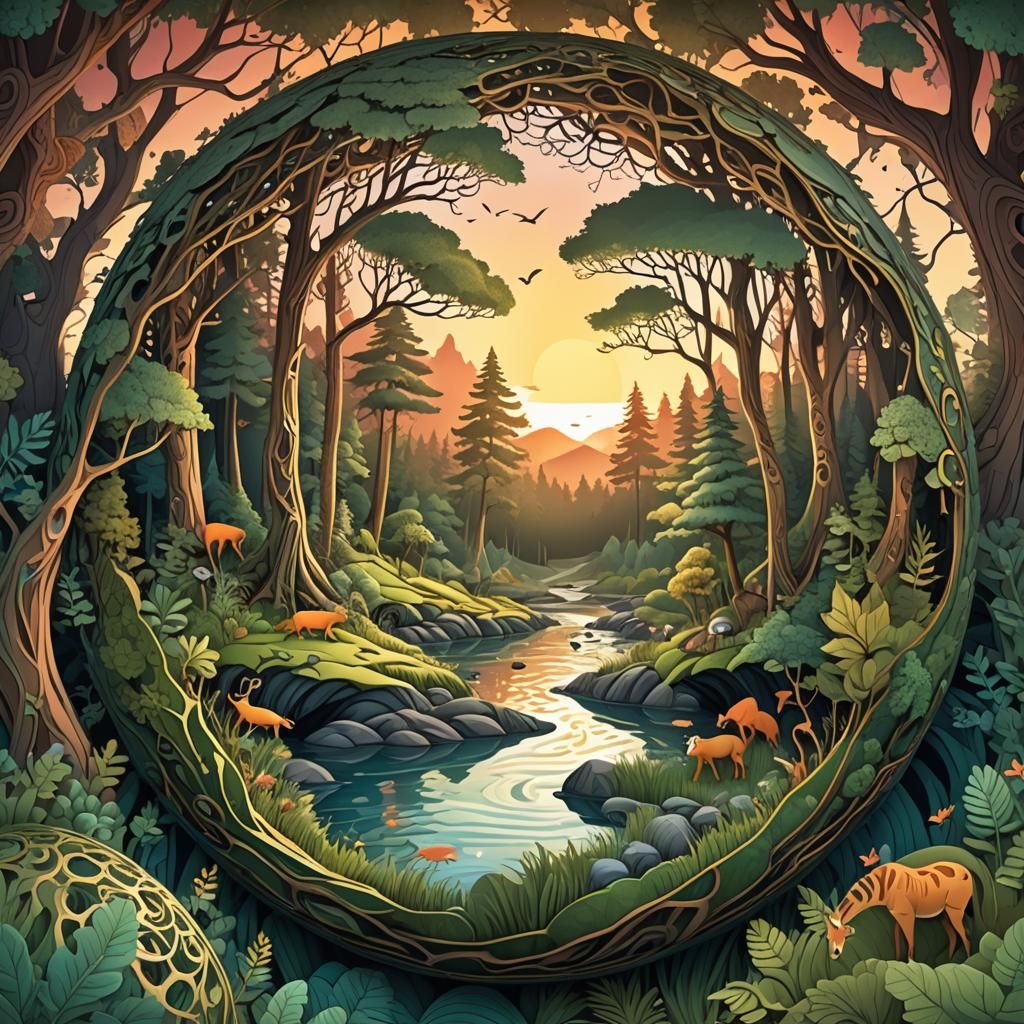 Forest in a Sphere at Sunset: 3D Render