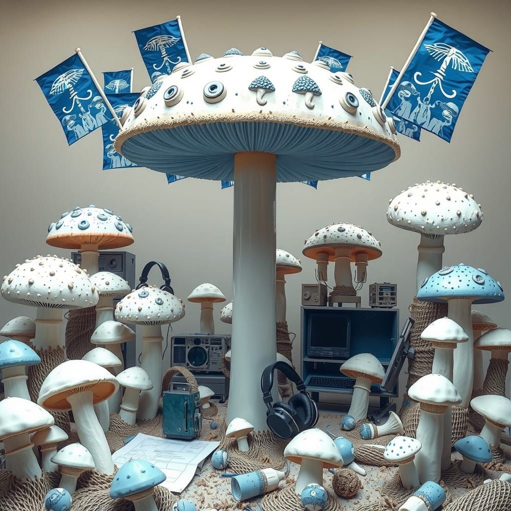 Fantastical Bureaucracy with Giant Mushroom Sculpture