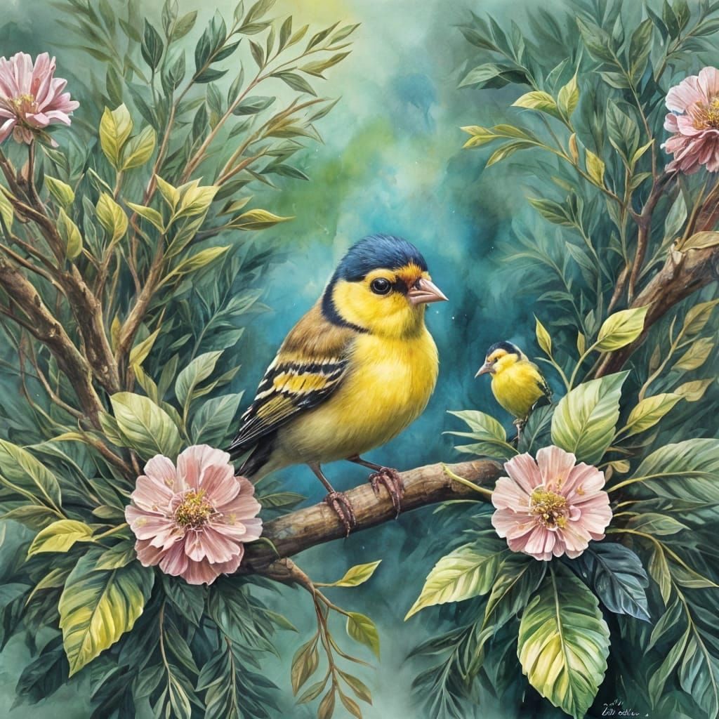 Watercolor Portrait of a Goldfinch in a Vibrant Forest