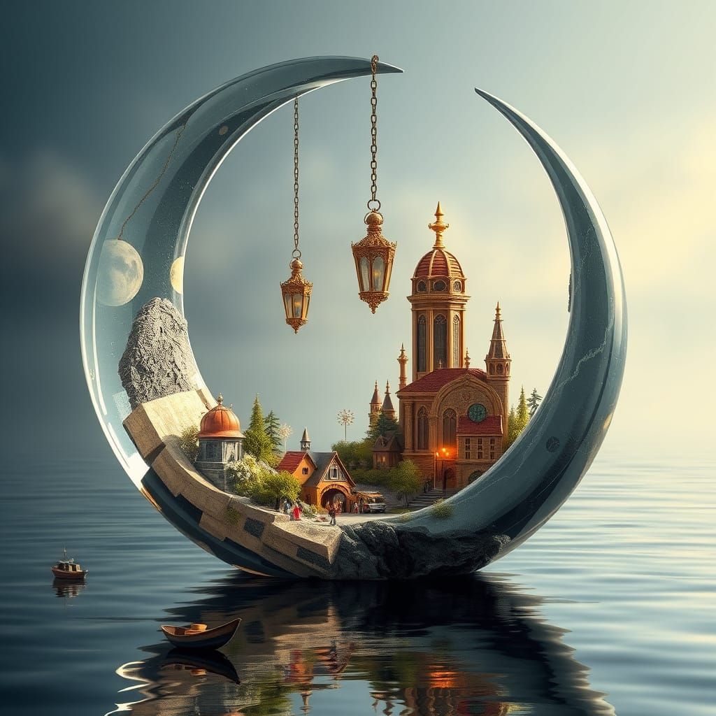 Steampunk City in Glass Moon, Bierstadt and Kinkade Style