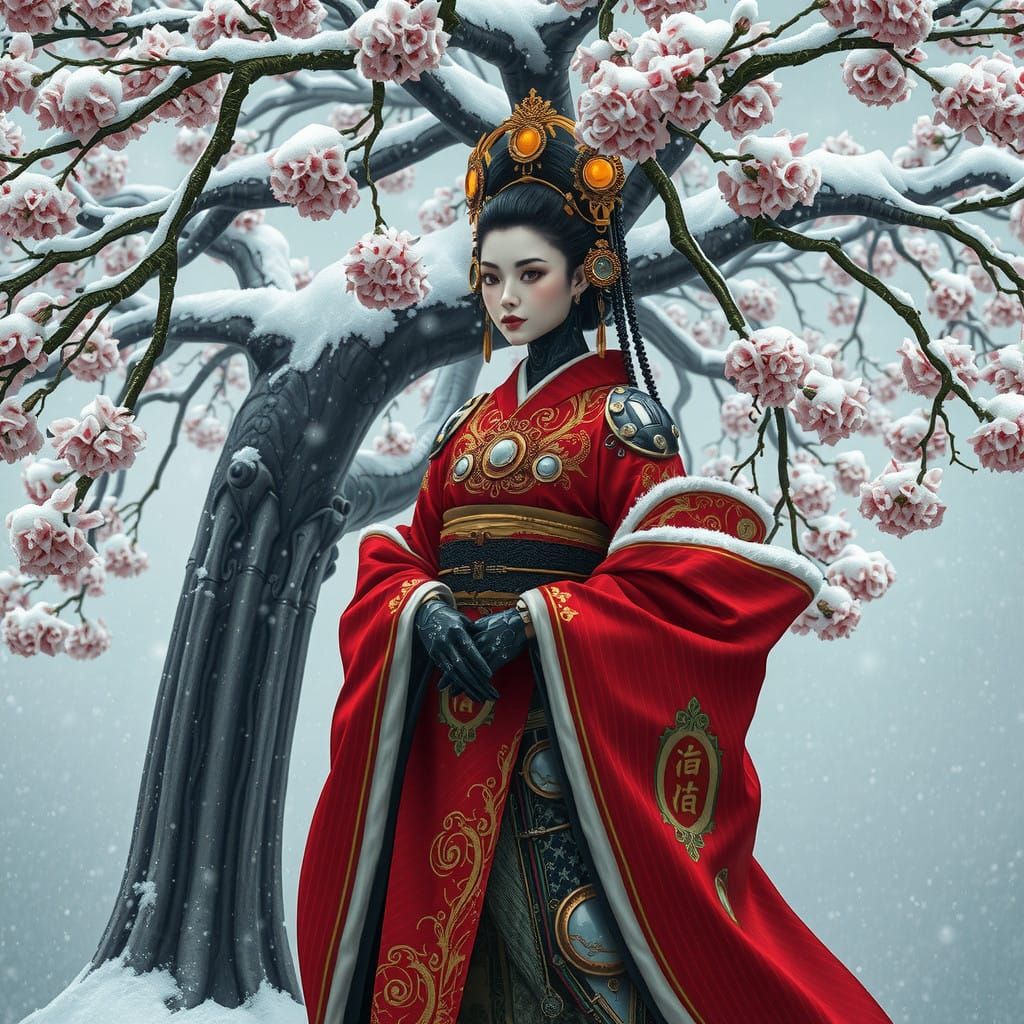 Steampunk Robotic Princess in Kimono beneath Cyberpunk Cherr...