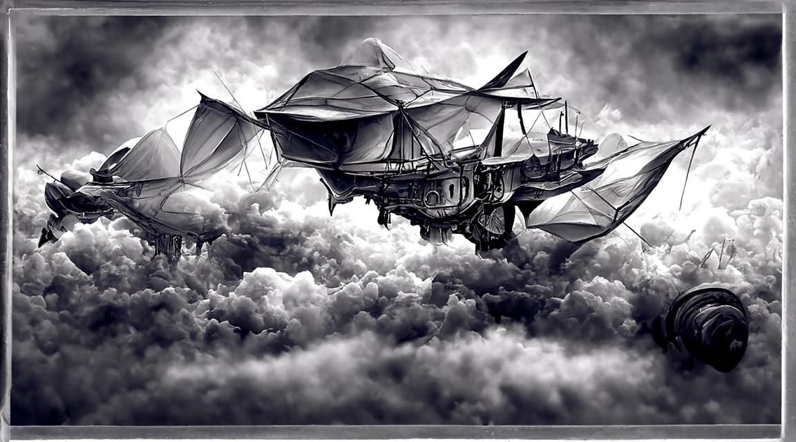 Steampunk Flying Boat Soaring Through Clouds