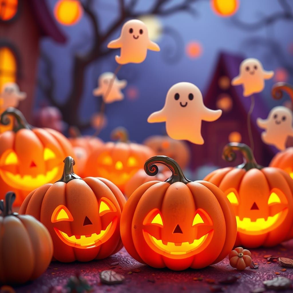 Cute Halloween Scene With Happy Pumpkins and Ghosts