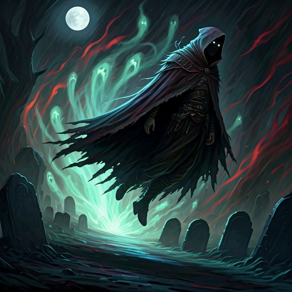 Ethereal Figure Soaring Over Graveyard in Dramatic Concept A...
