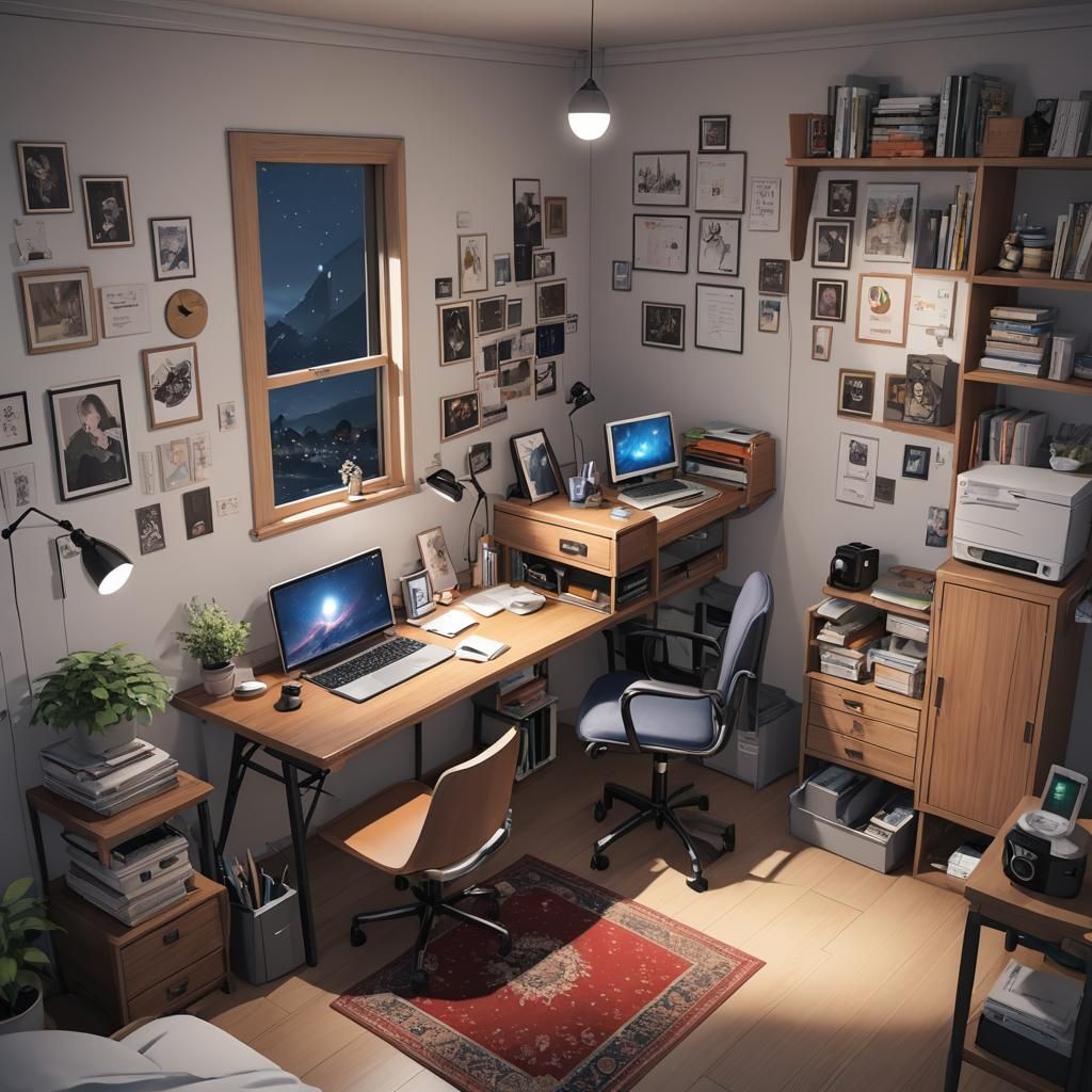 Cozy Anime-Style Bedroom with Desk and Bed