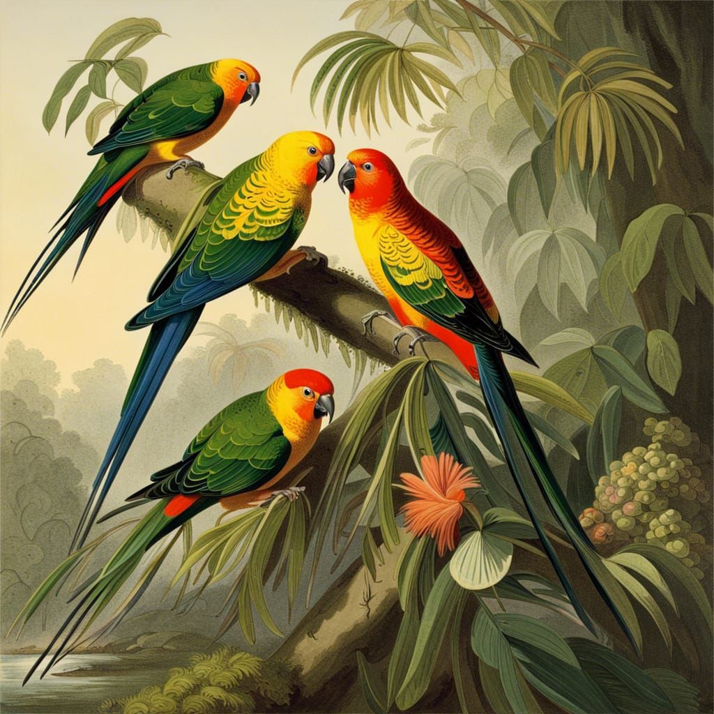 Colorful Sun Parakeets in Rainforest Illustration