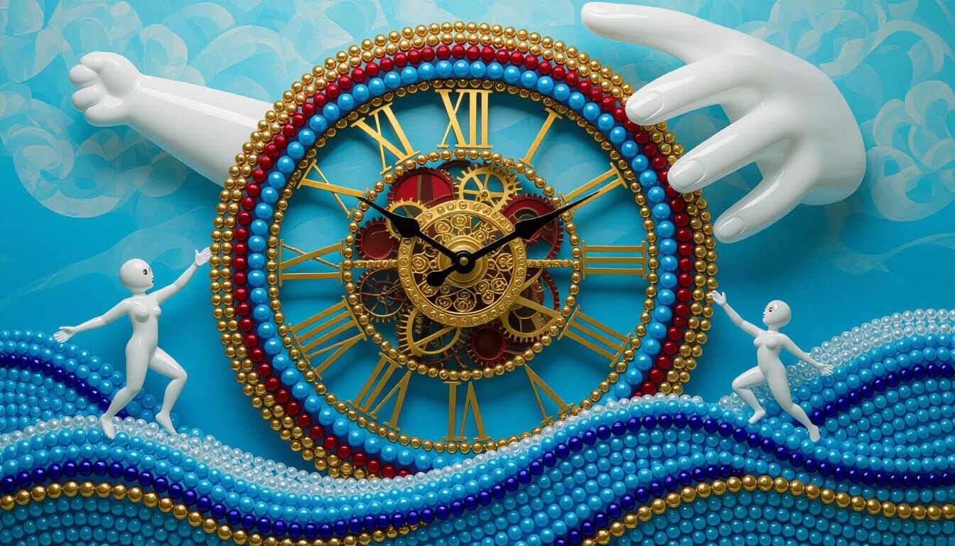 Surreal Beaded Clock with Ocean Waves, in Surrealist Style