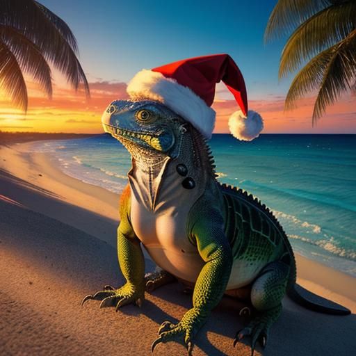 Iguana in Santa Hat: Watercolor Beach Portrait