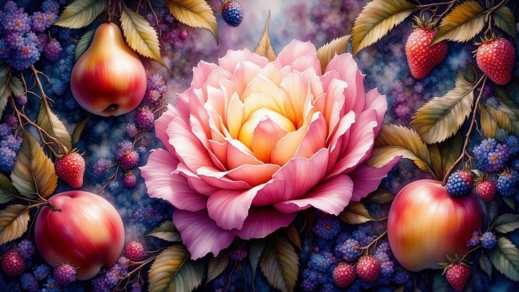 Surreal Bioluminescent Rose Blooms with Abundant Fruits