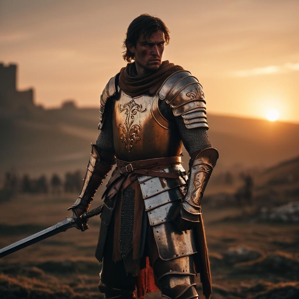 Medieval Warrior in War-Torn Landscape at Sunset