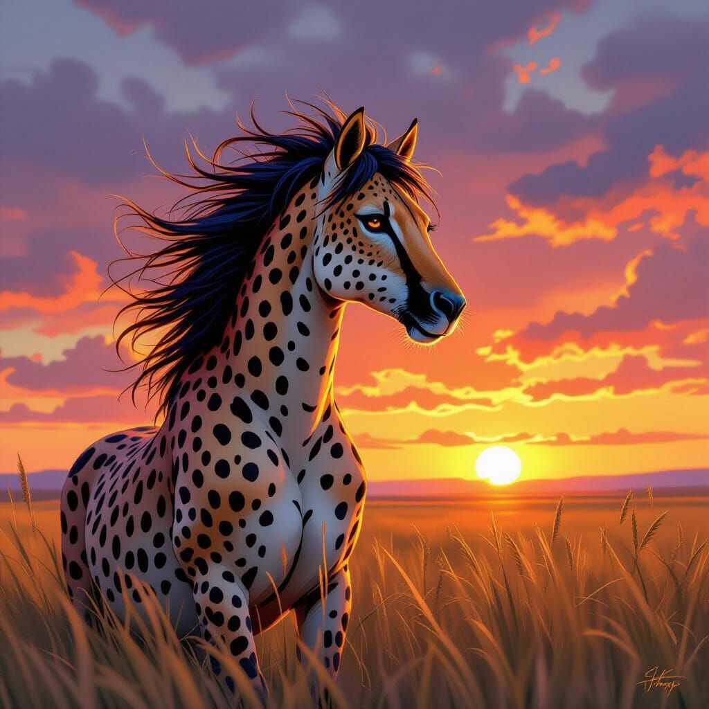 Horse-Cheetah Hybrid on Sunset Savannah