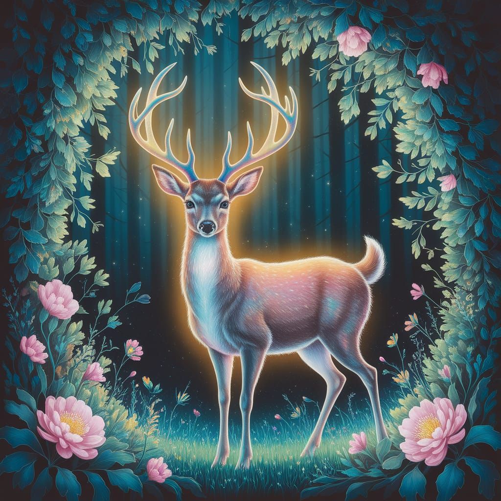 Magical Deer in Enchanted Forest: Gouache Painting