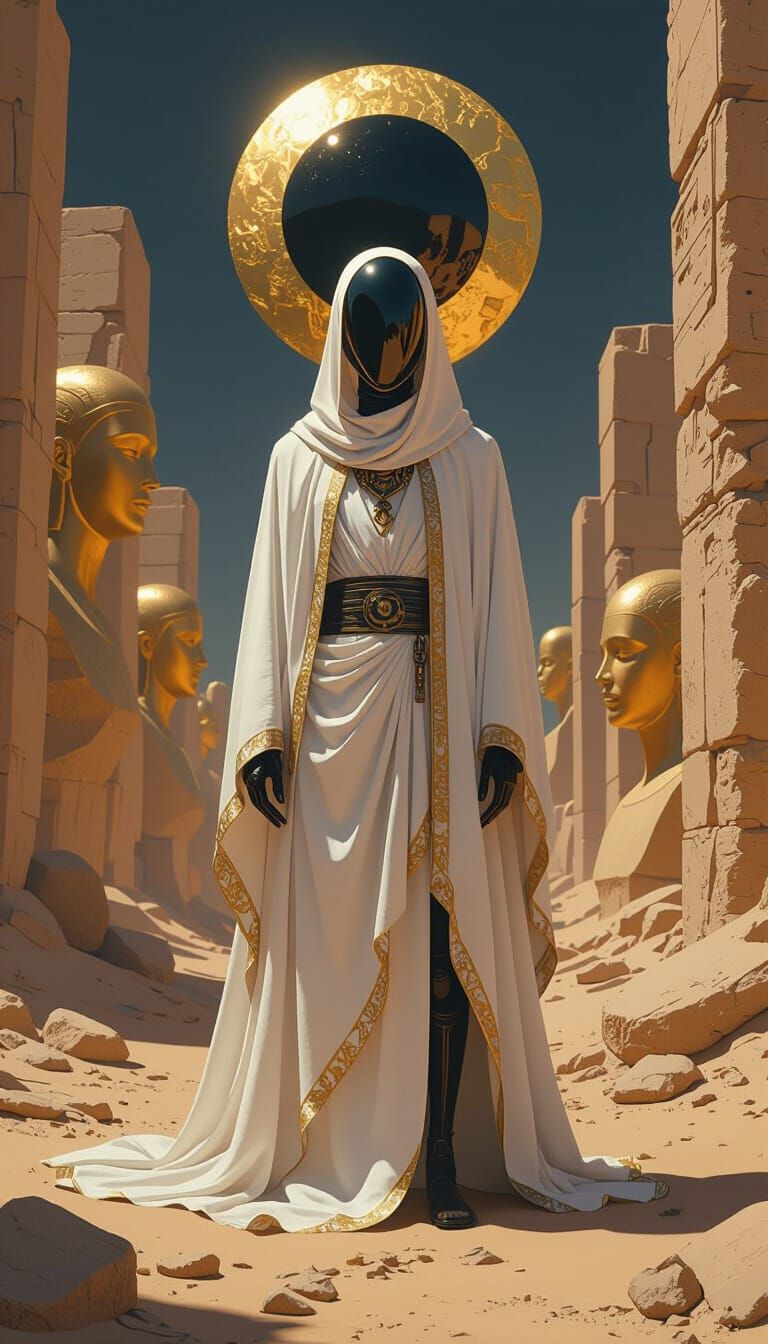 Mirror-Faced Figure in Desert Ruins: Dreamlike Scene