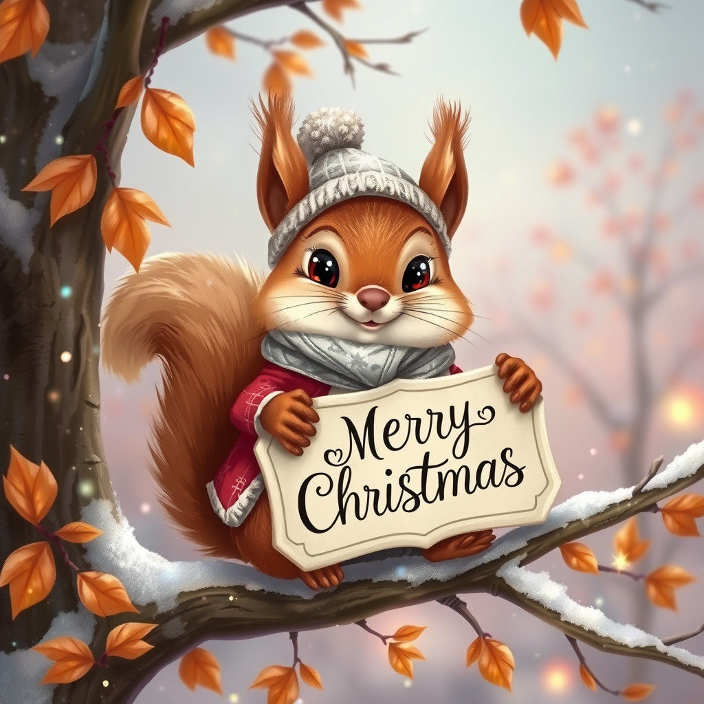 Charming Squirrel Wishes Merry Christmas in Autumn Scene