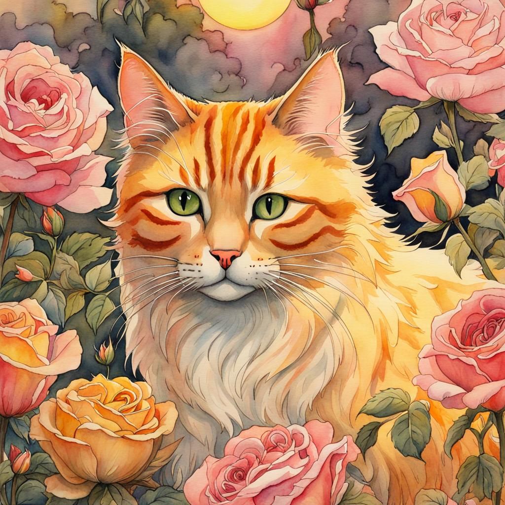 Marmalade Cat Amongst Roses Watercolor