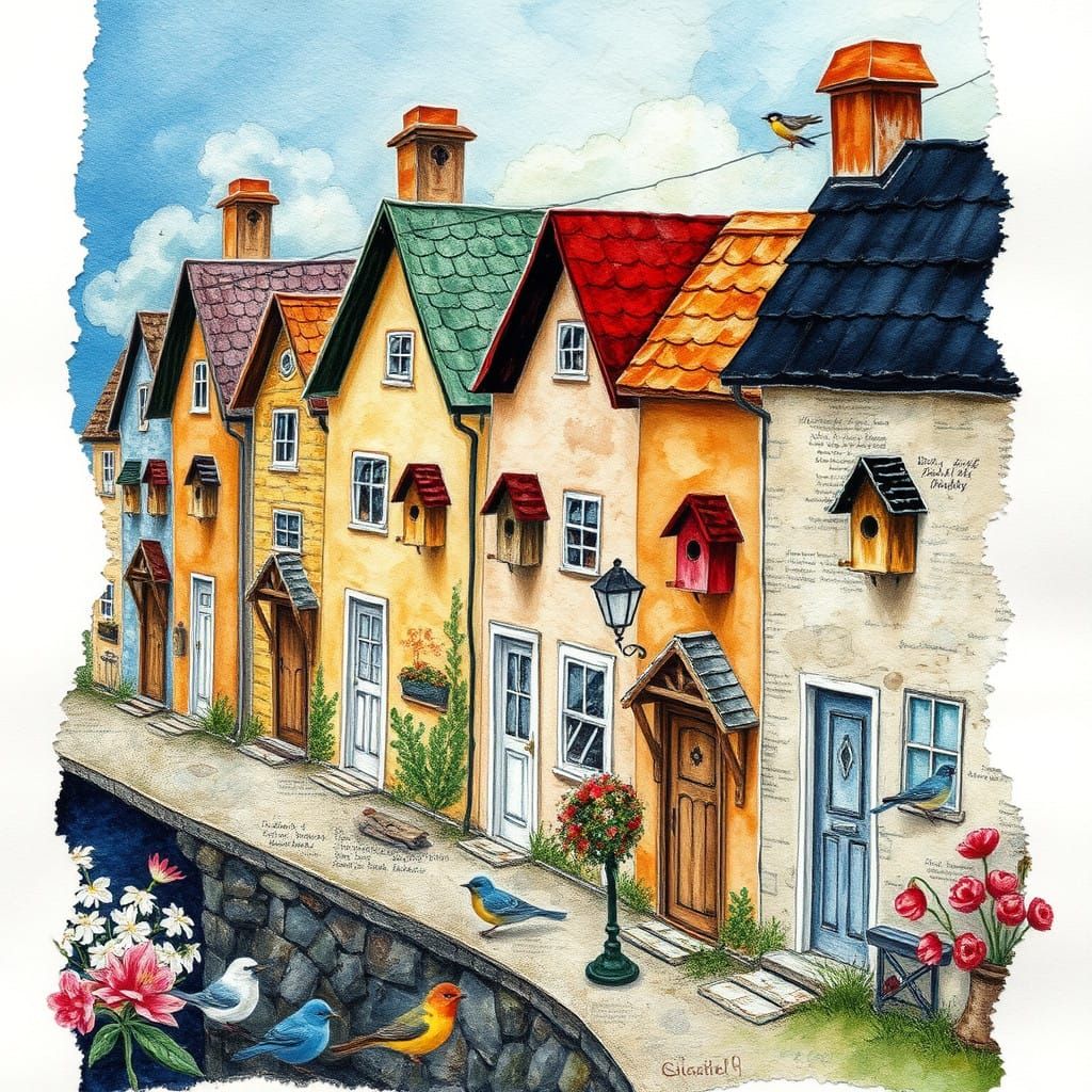 Impasto Collage of Whimsical Tiny Houses