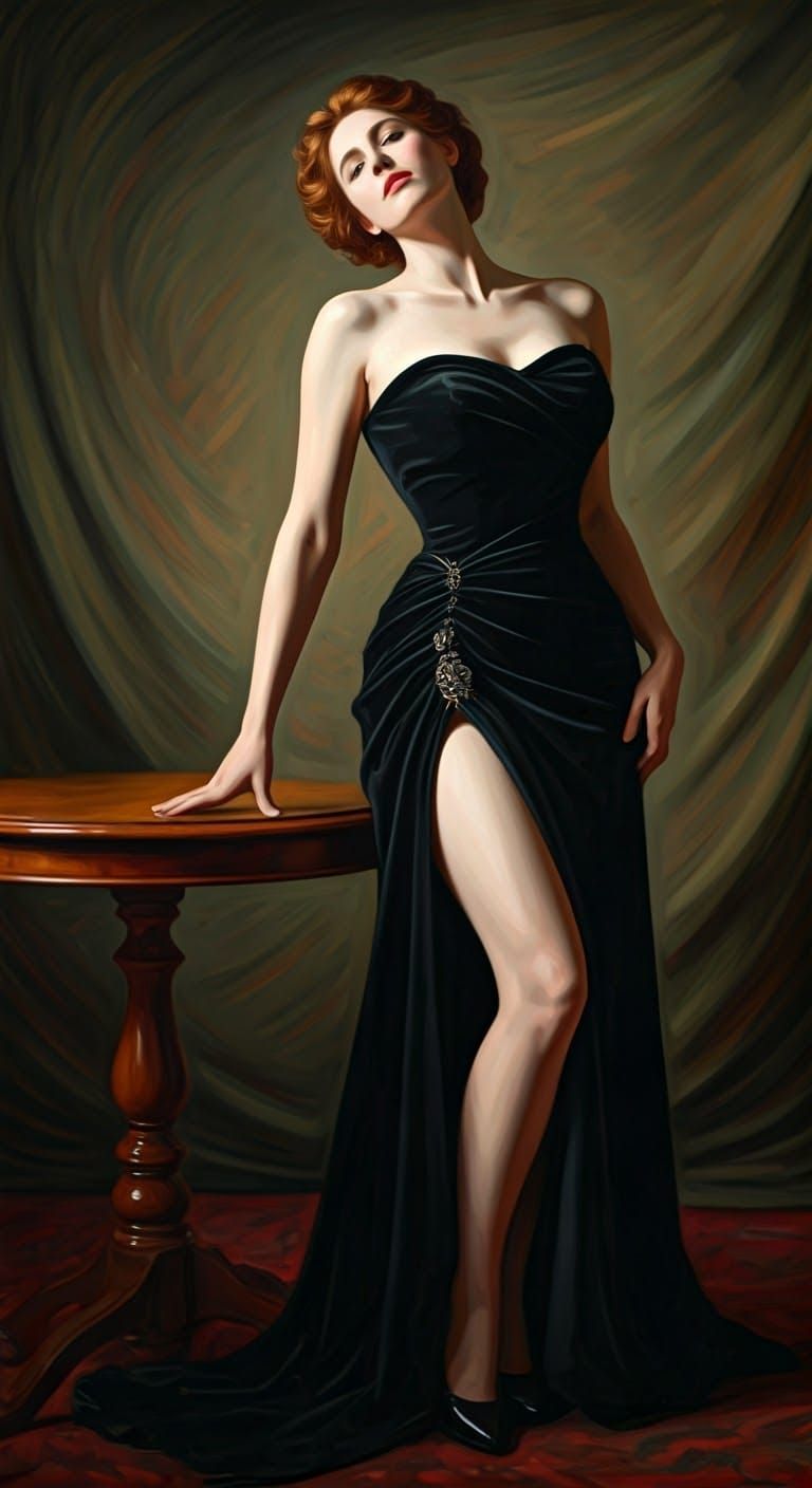 Elegant Lady in Velvet Dress, Inspired by John Singer Sargen...