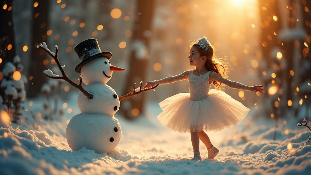 Snowman Dances with Ballerina under Cinematic Winter Wonderl...