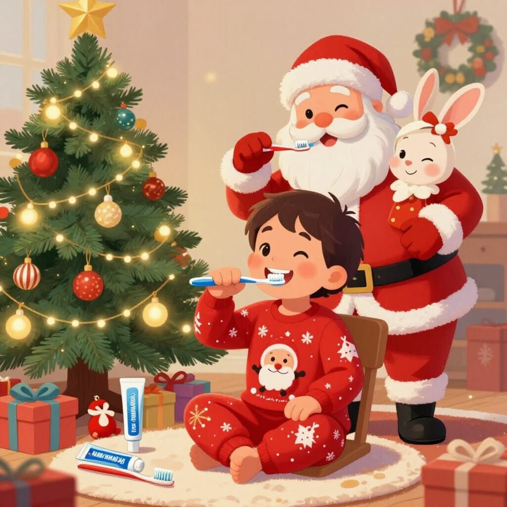 Child Brushing Teeth by Christmas Tree with Toy Gifts