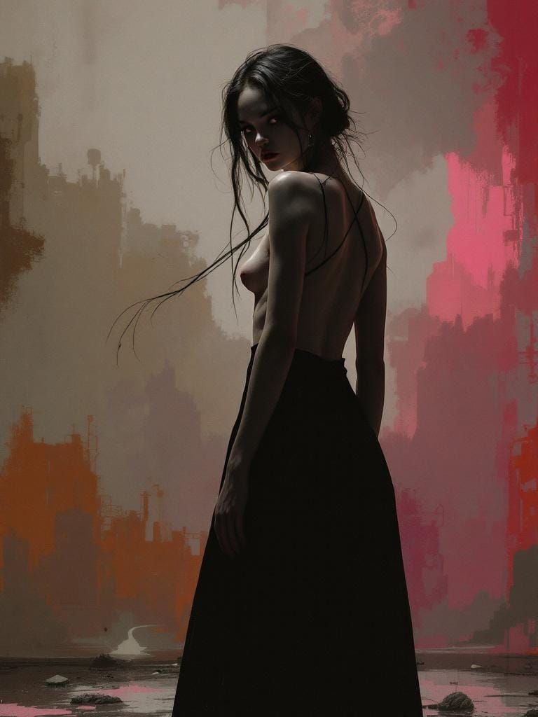 Nostalgic Retrowave Fusion: Female Figure in Industrial Land...