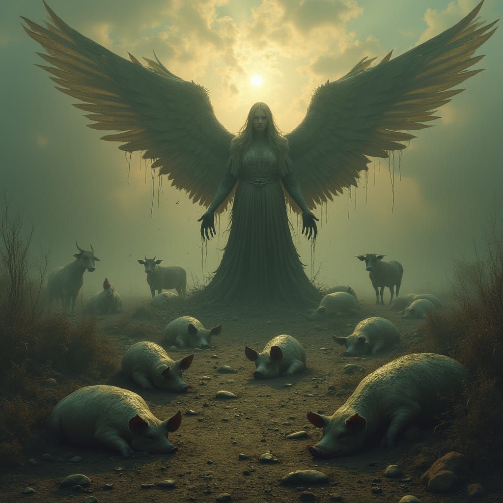 Angel Amidst Post-Apocalyptic Ruin in Dark, Gritty Style