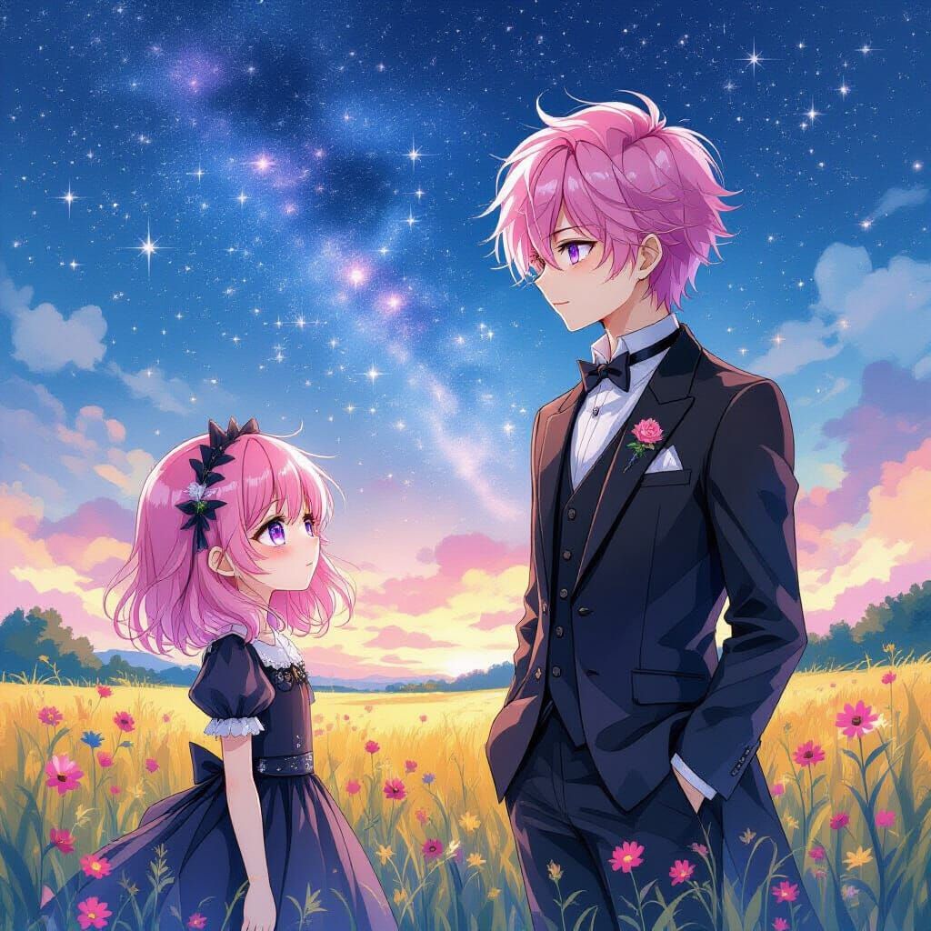 Watercolor Gothic Siblings Stargazing in Summer Field