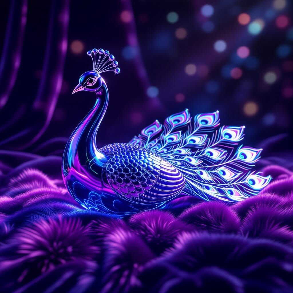 Glass Peacock Sculpture on Purple Fur