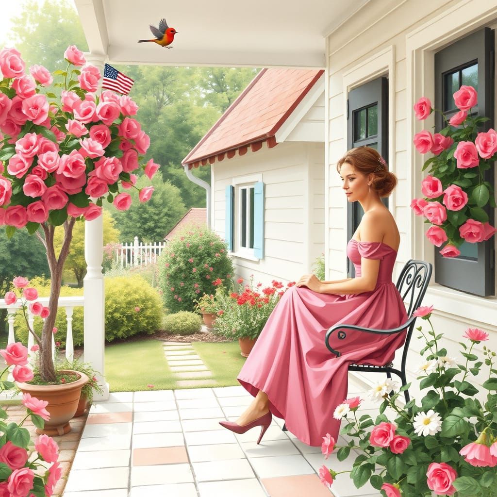 Romantic Garden Scene in Mary Engelbreit Style