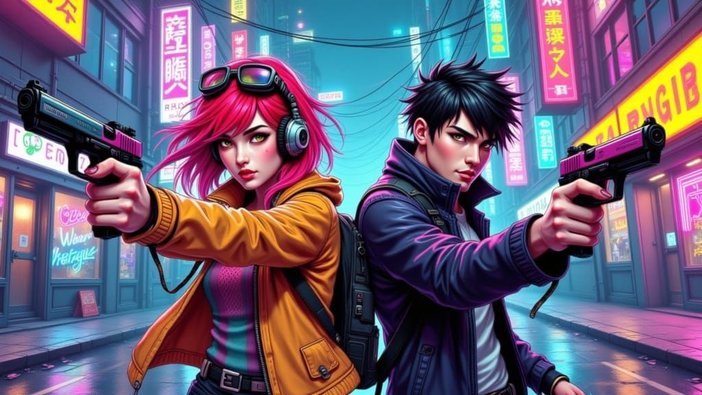 Cyberpunk Bounty Hunters in Neon Tokyo Street
