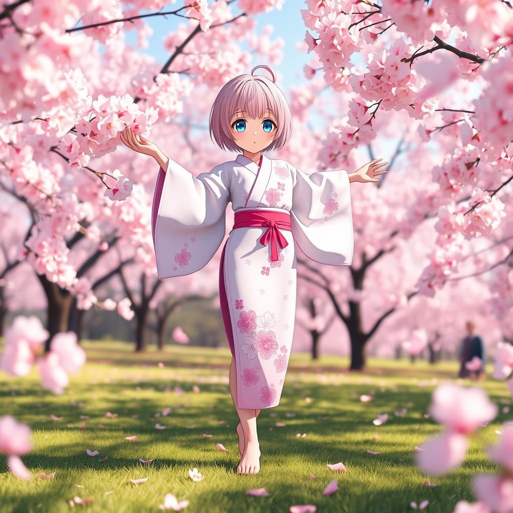 Anime Girl Performs Handstand in Cherry Blossom Paradise