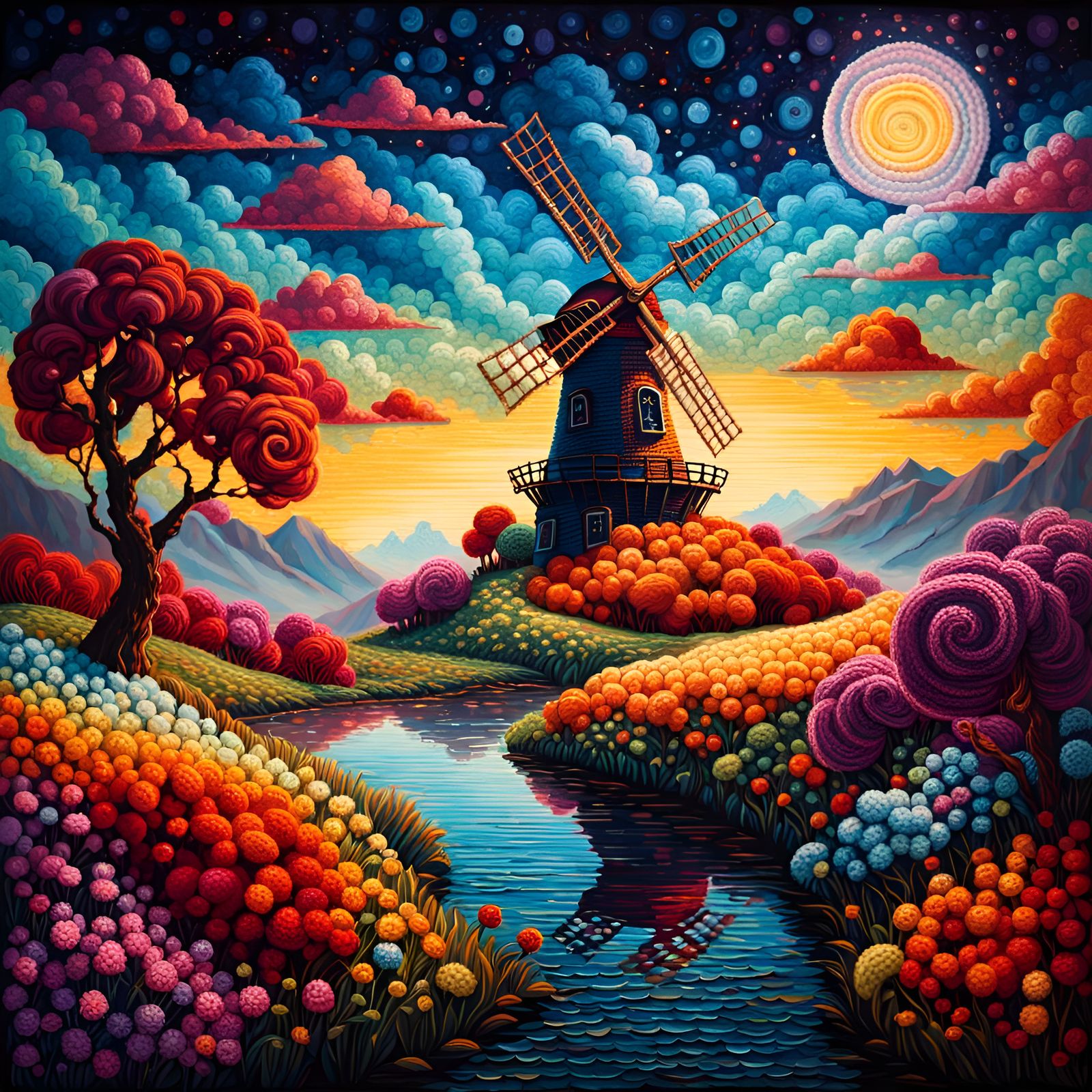 Knitted Windmill Landscape in Neo-Impressionist Style