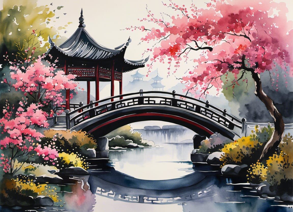 Chinese Garden in Watercolor Style