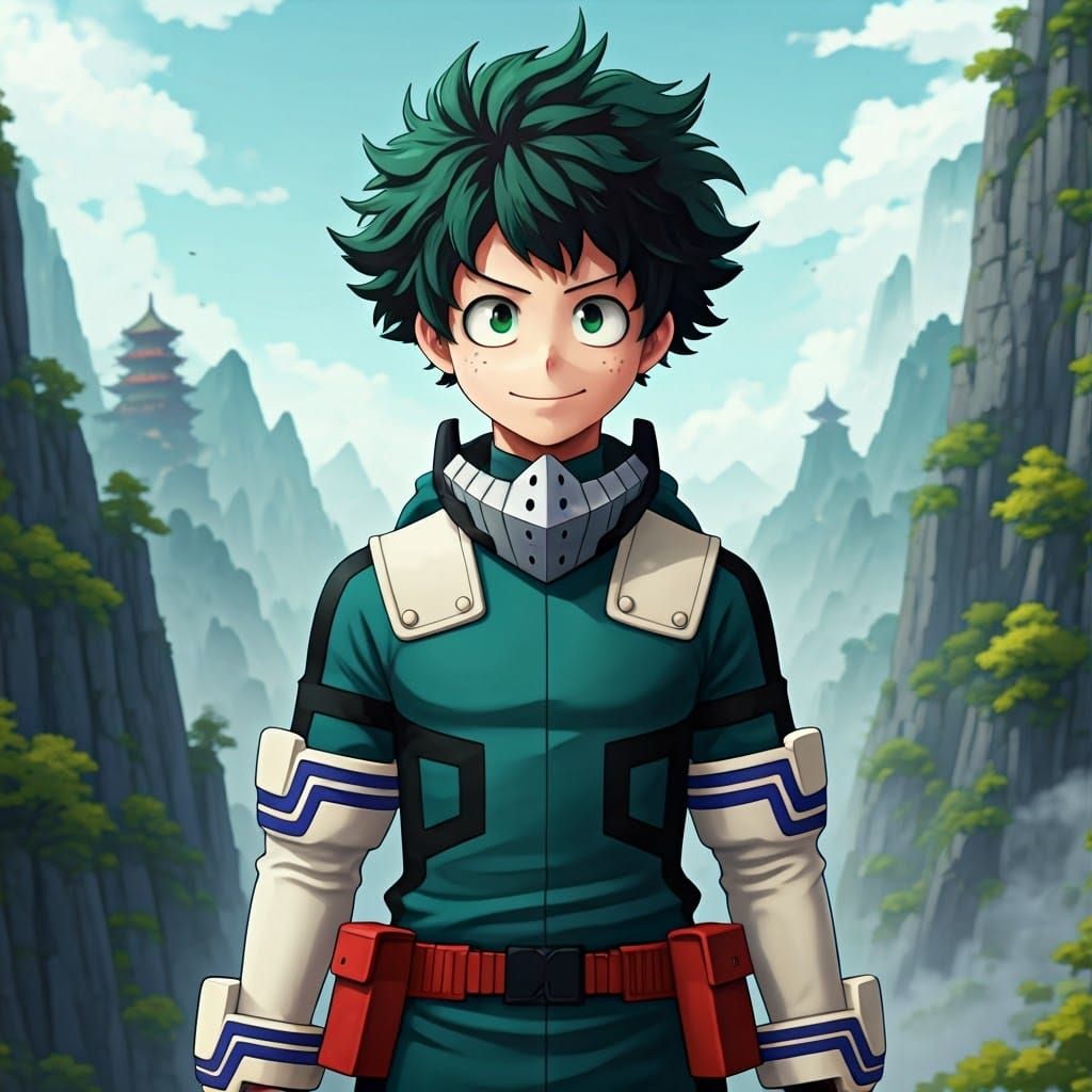Young Hero Deku Midoriya in Majestic Japanese Landscape