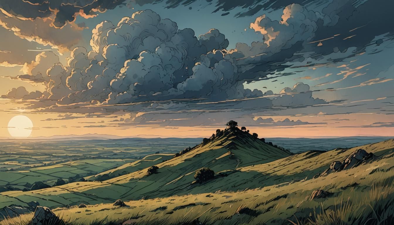 Dusk Hilltop Landscape in Retro Fantasy Style