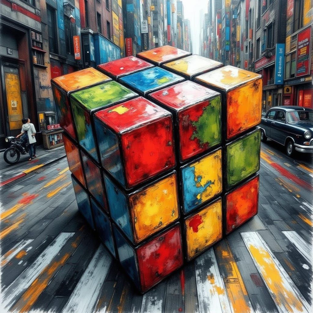 Giant Rubik's Cube on Urban Street with Dramatic Perspective