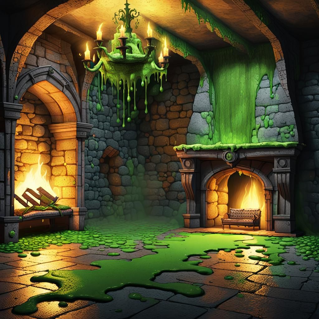Eerie Castle Room with Dripping Green Slime