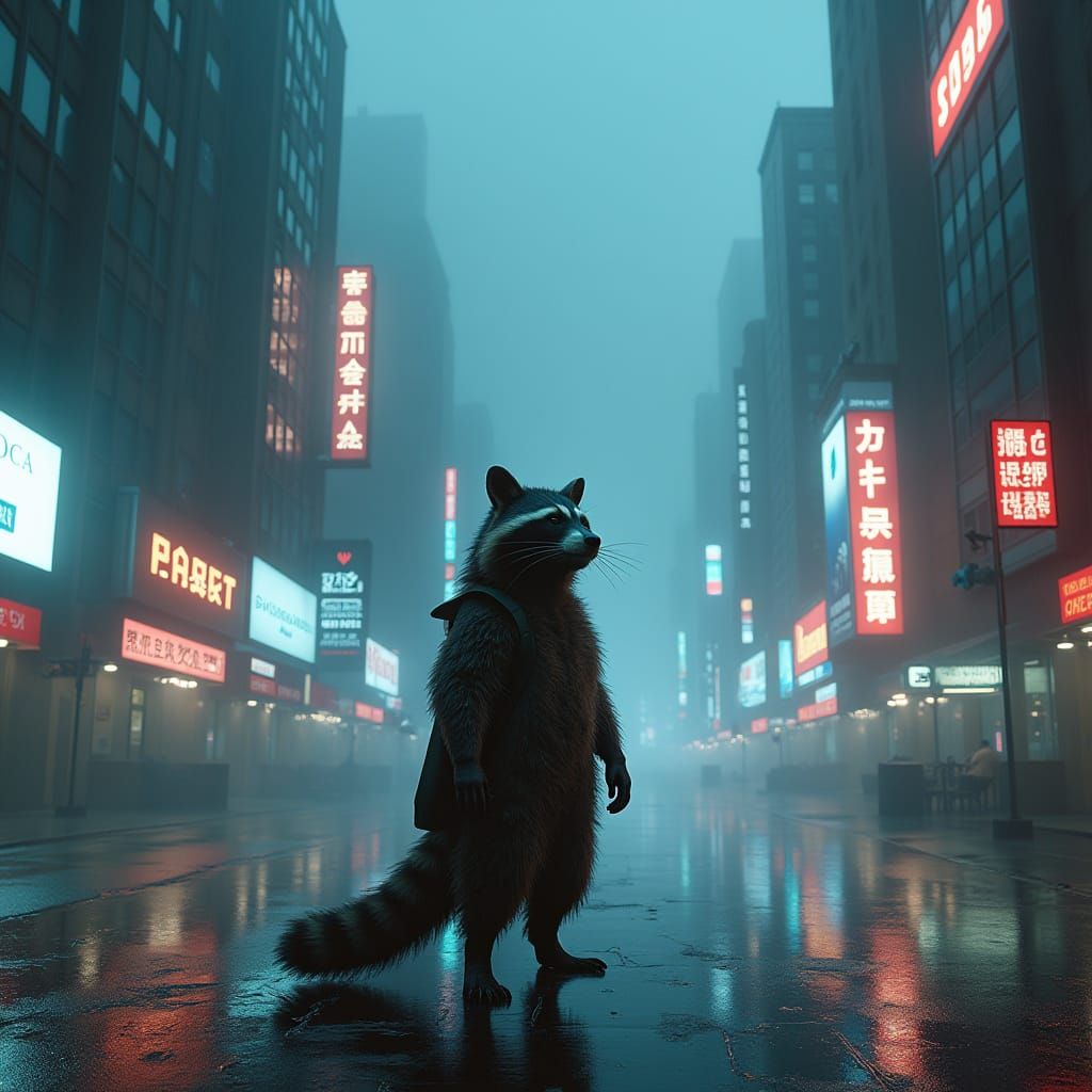 Ekorre in Dystopian Cityscape: Cyberpunk Art