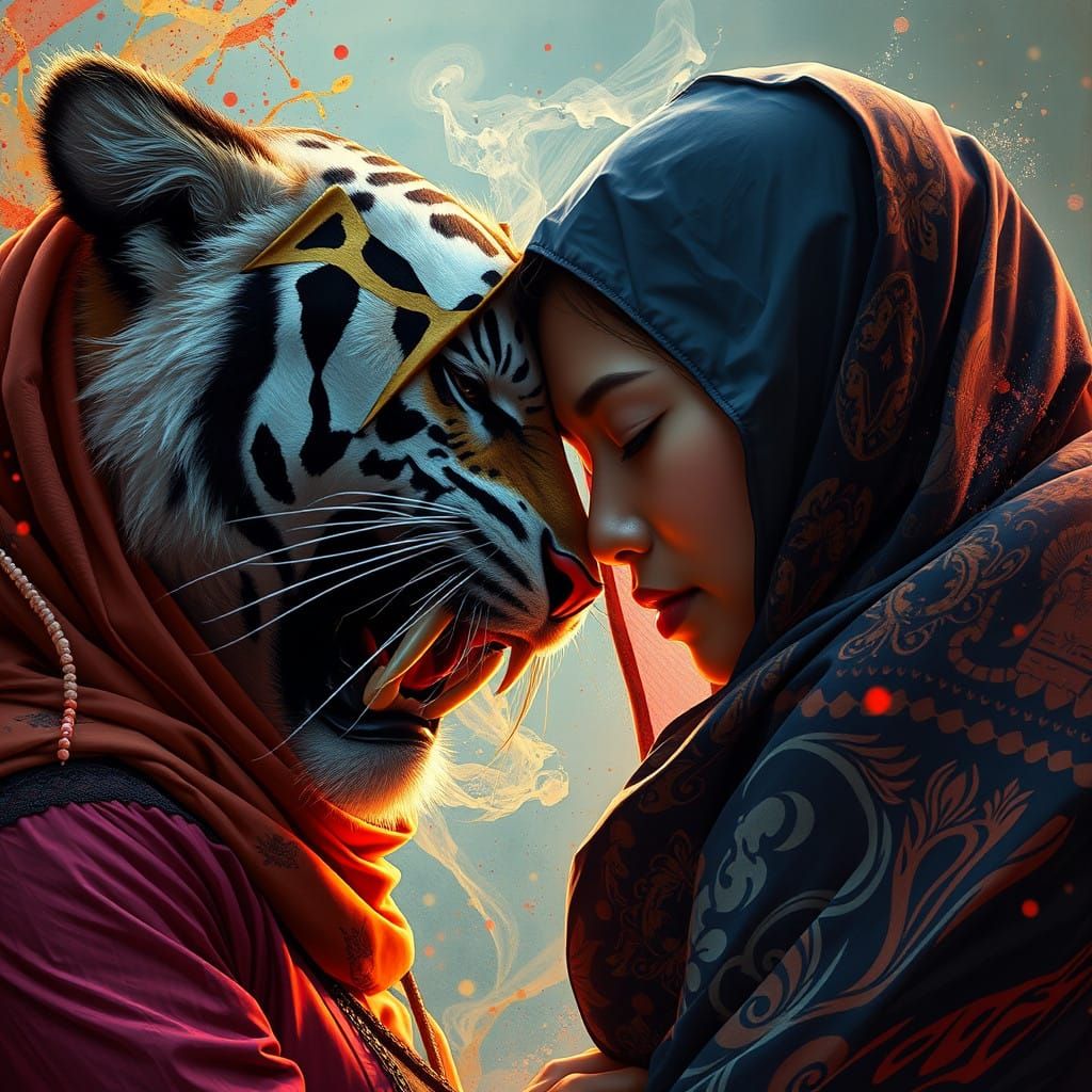 Hyperrealistic Romance Between a Woman and a Beast in a Vibr...