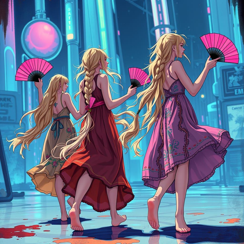 Anime Ladies Dance in Futuristic Cityscape
