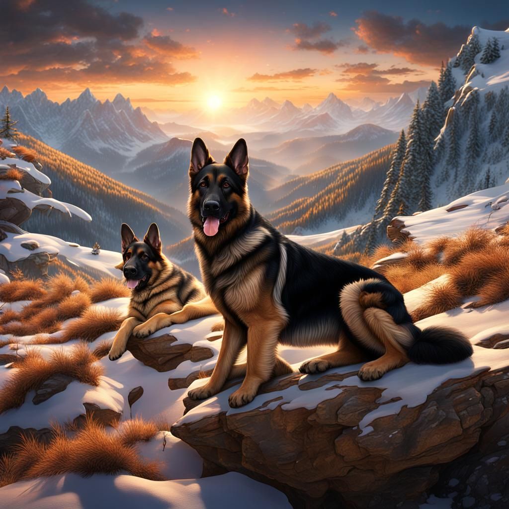 German Shepherds Enjoying an Alpine Sunset