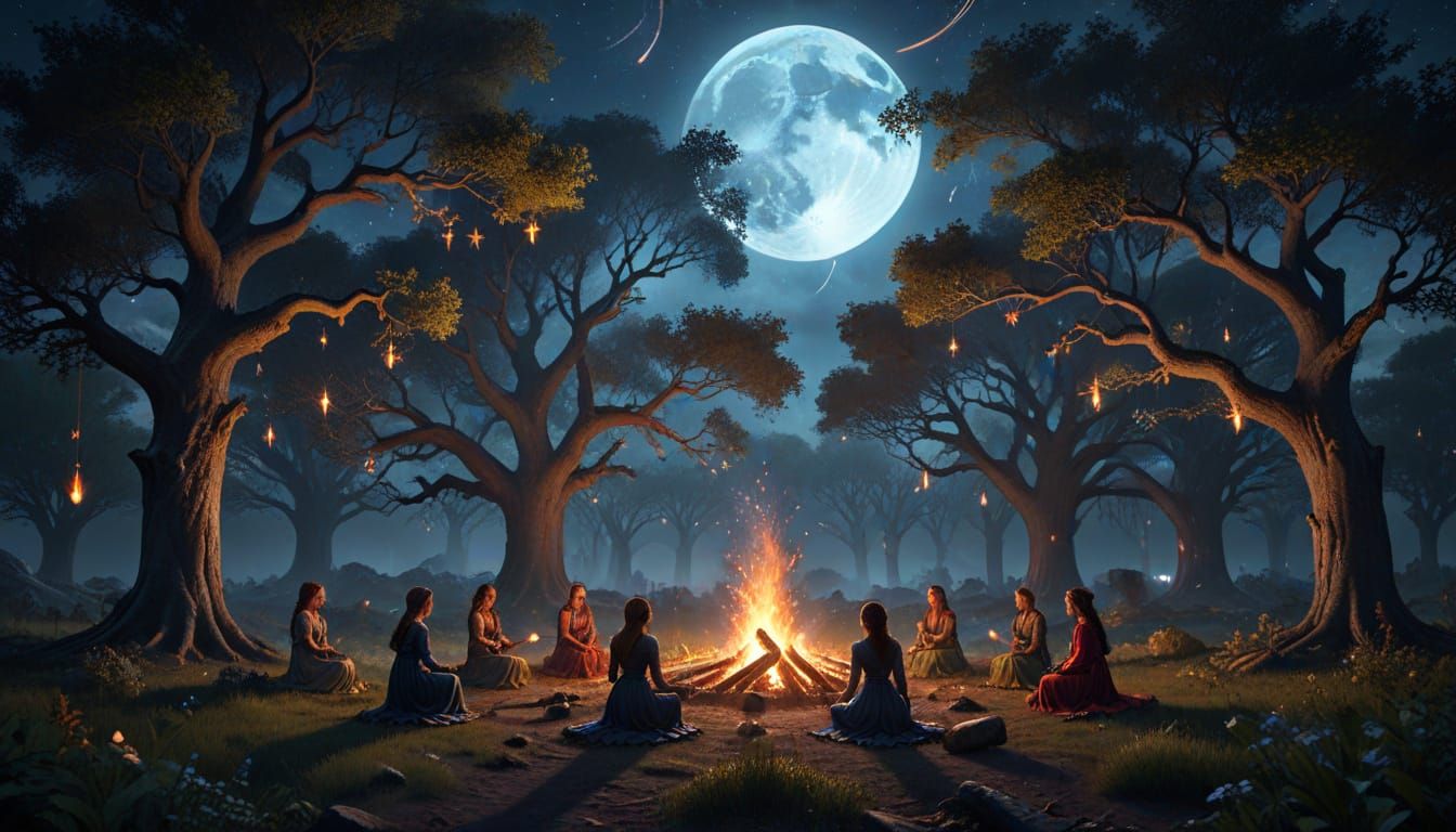 Women in Enchanted Oak Grove Ritual Healing Under Full Moon