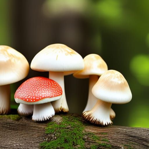 Hyperrealistic Mushrooms Growing on Forest Log