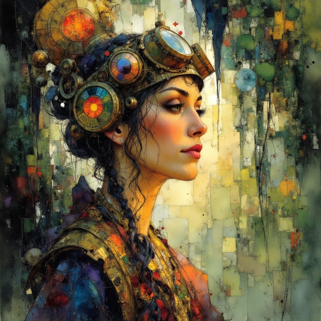 Steampunk Druid Wandering Ancient Forest in Alcohol Ink Styl...