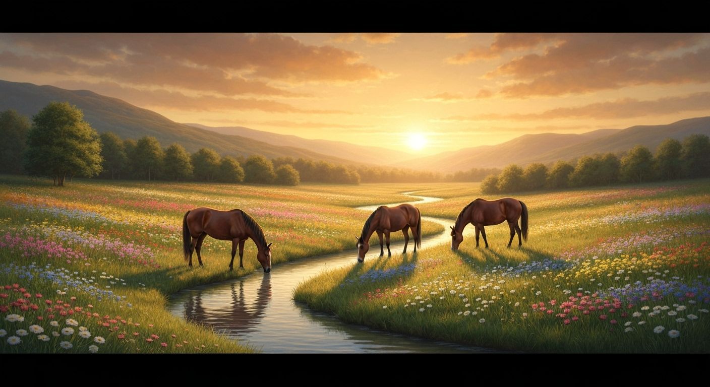 Serene Sunset Landscape with Horses and Wildflowers