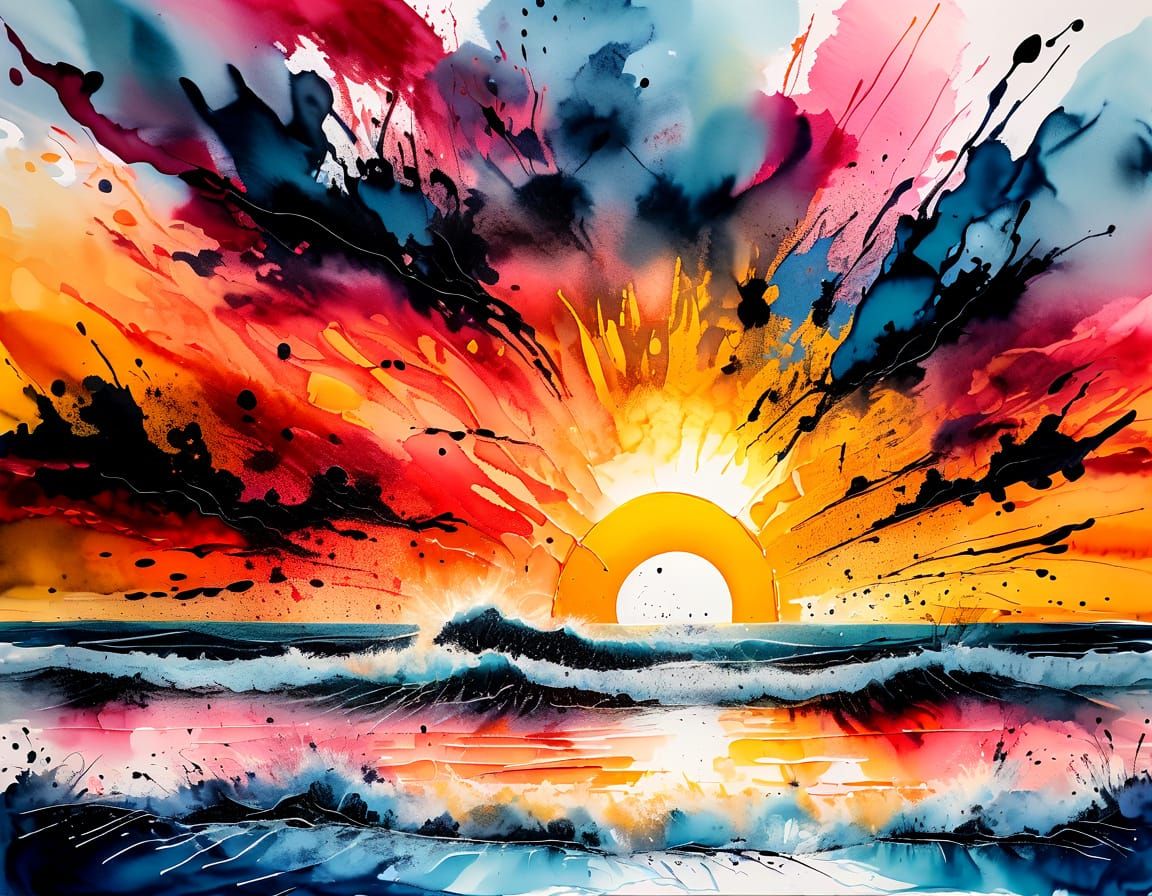 Vibrant Abstract Sunrise Masterpiece in Watercolour and Ink