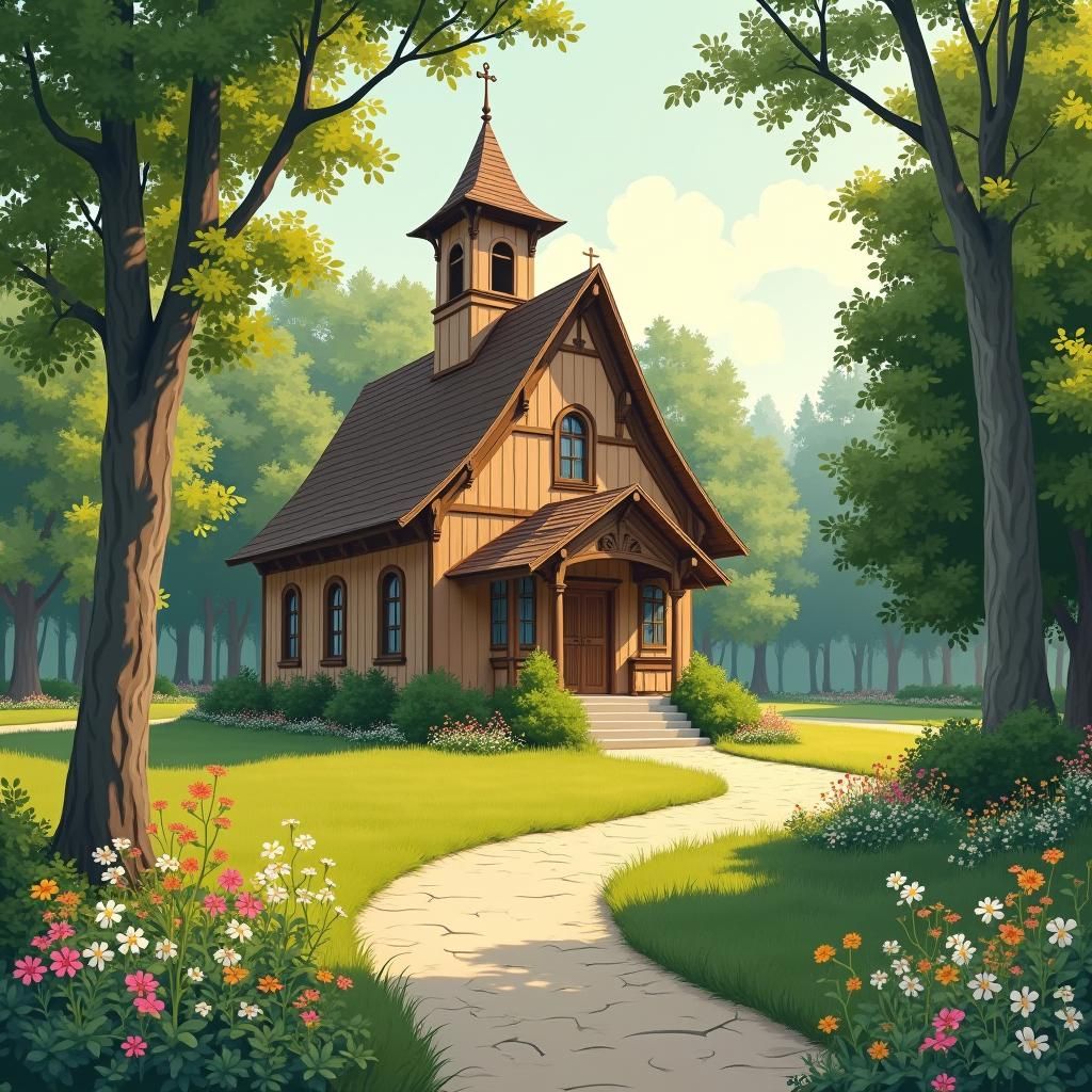 Wooden Church in Park, Folk-Art Nouveau Style