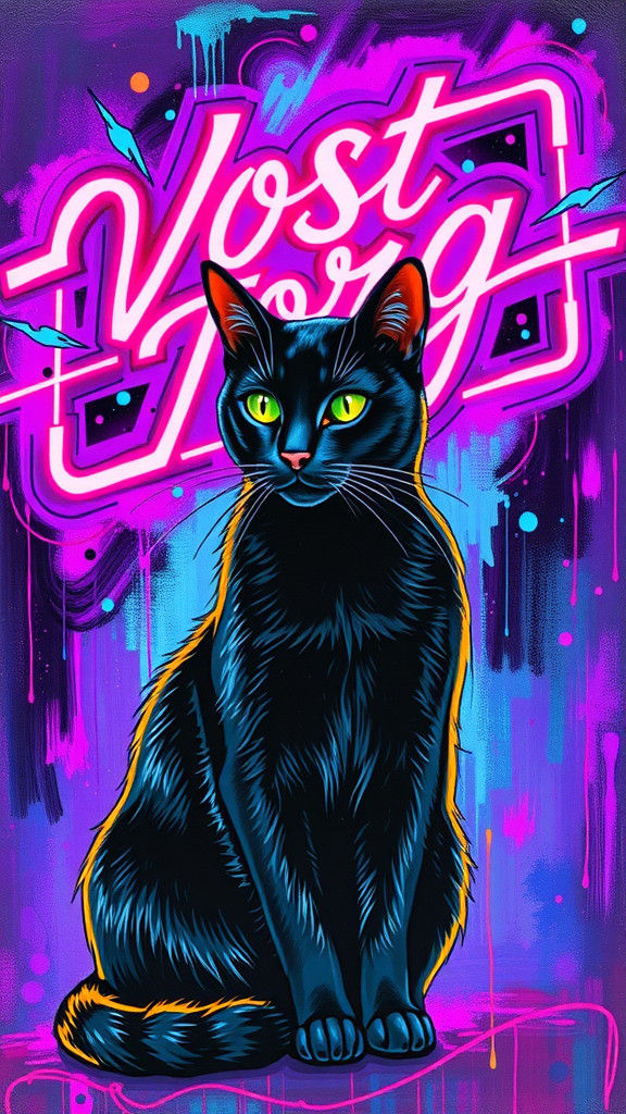 Black Cat with Neon Sign in Graffiti Art Style