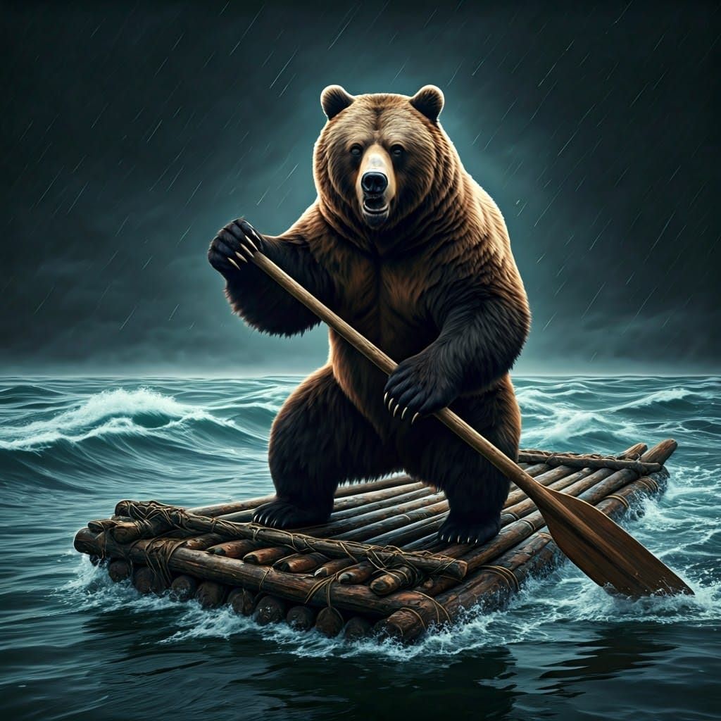 Grizzly Bear Navigating Stormy Rapids on a Makeshift Raft